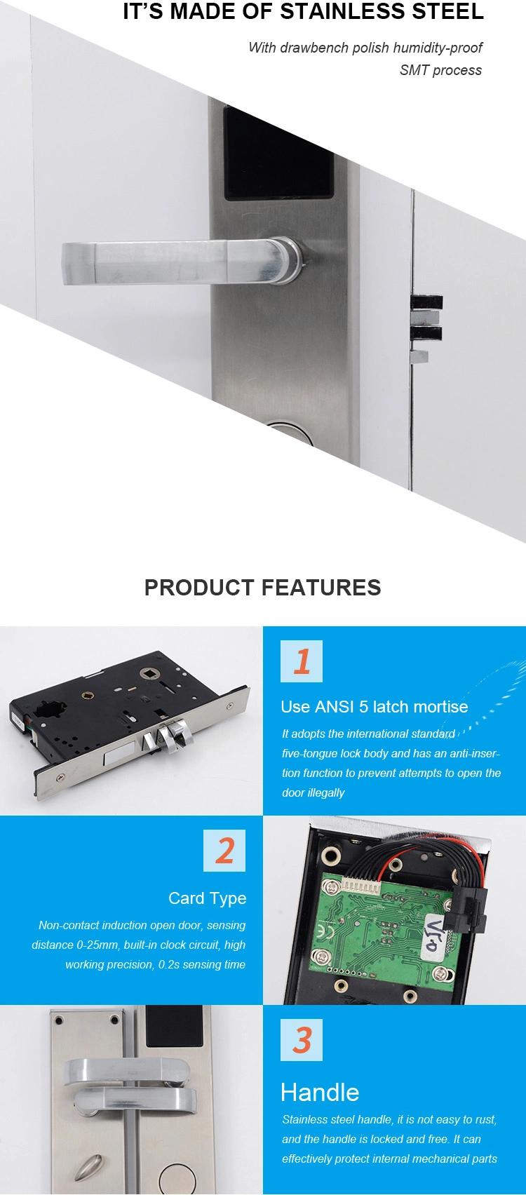 Security Stainless Steel Door handle Mortise Electronic Smart Key Card Hotel Door Lock